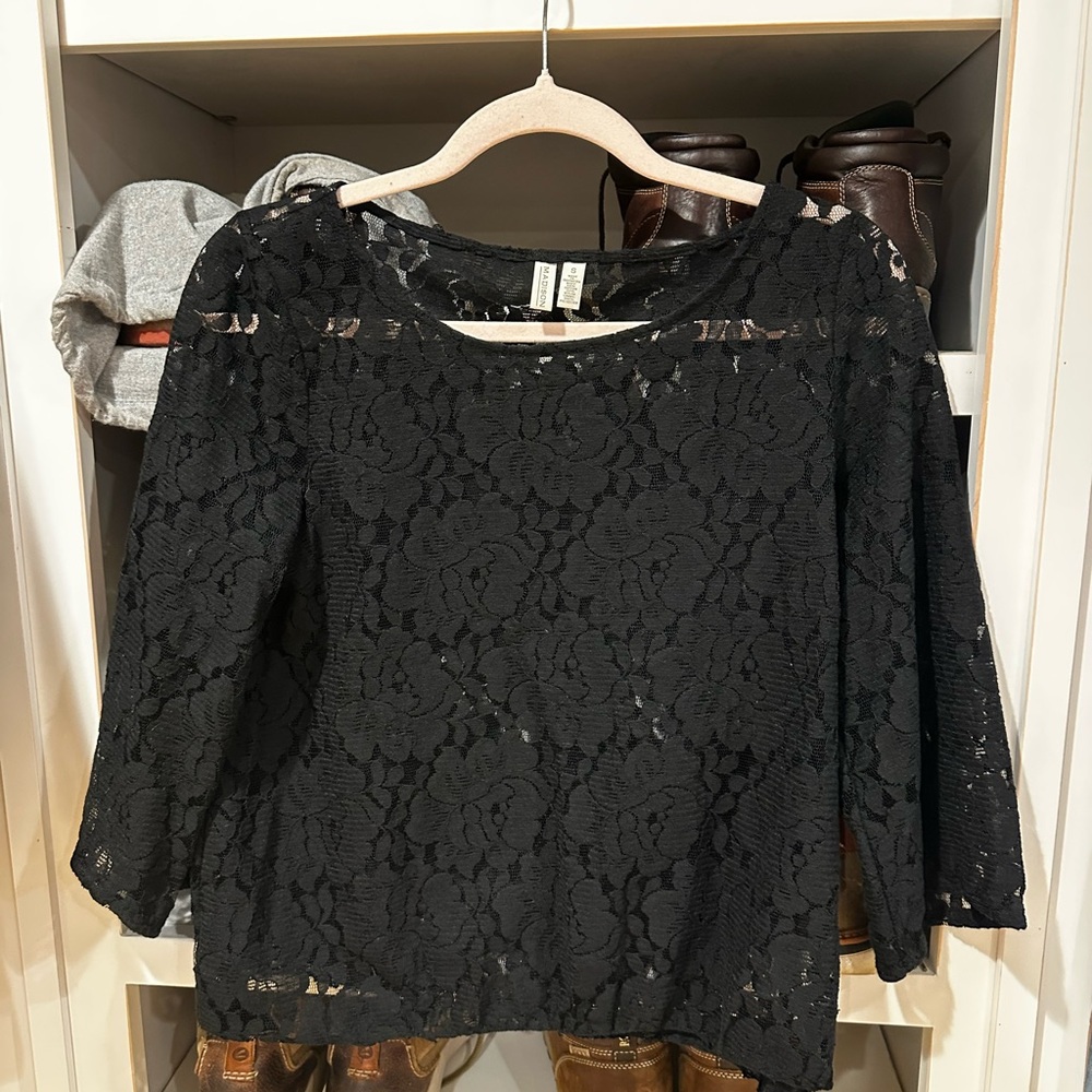 Madison Black Floral Lace 3/4 Sleeve Blouse